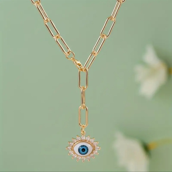 New Evil Eye Gold Paperclip Diamond CZ Chain Pendant Necklace NWT - Picture 4 of 5